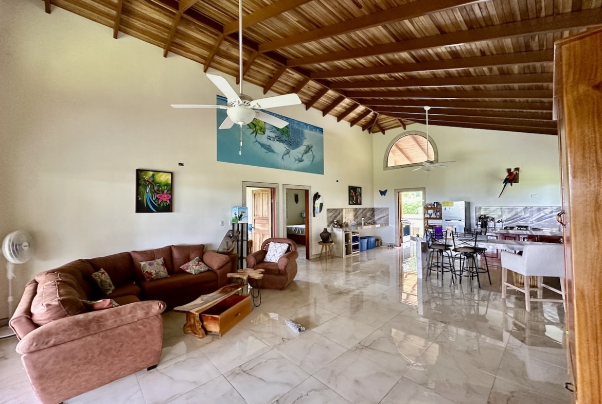 Contemporary living space with forest backdrop in private Osa Peninsula home for sale.