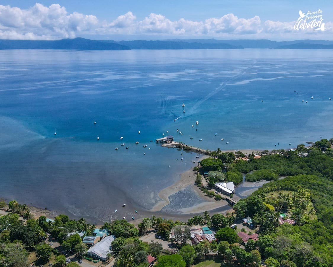 Aerial overhead view of Puerto Jiménez real estate and the Golfo Dulce coastline in Costa Rica.