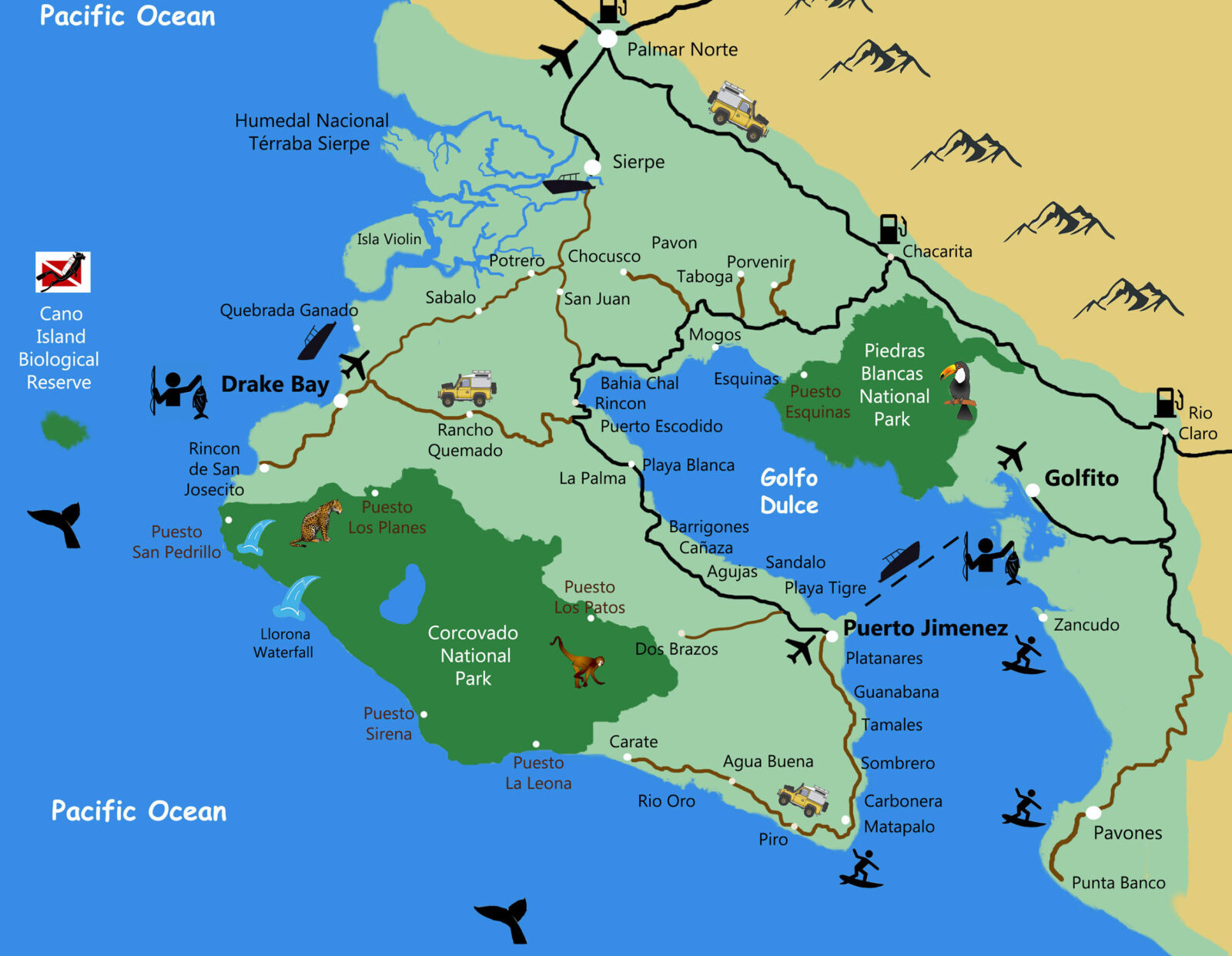 Map of Osa Peninsula Costa Rica real estate areas Puerto Jimenez Matapalo Carate