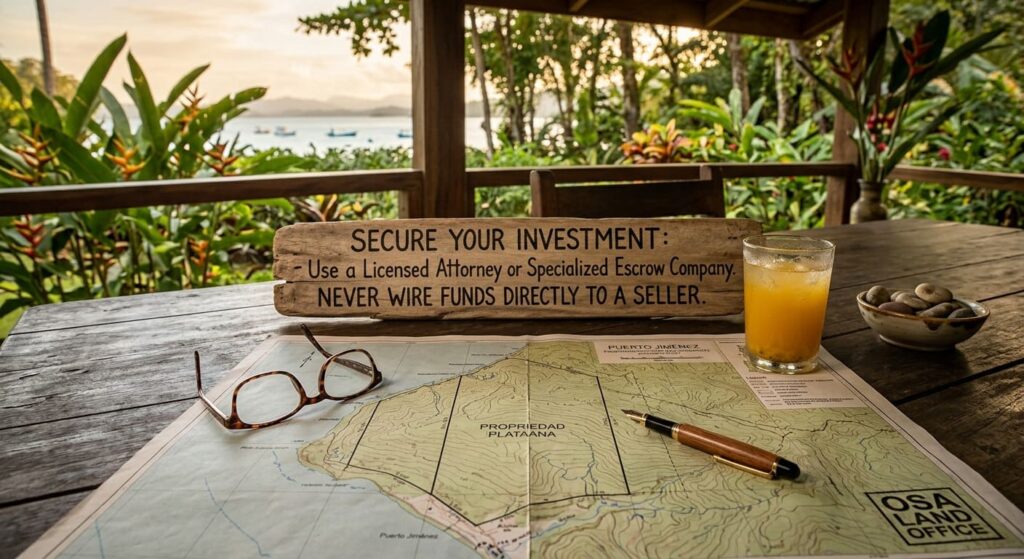 A property map of Puerto Jiménez on a tropical wooden table with an escrow safety sign and a minimal OSA Land Office logo watermark.