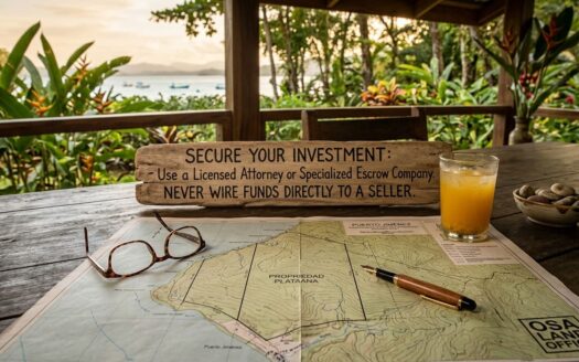 A property map of Puerto Jiménez on a tropical wooden table with an escrow safety sign and a minimal OSA Land Office logo watermark.